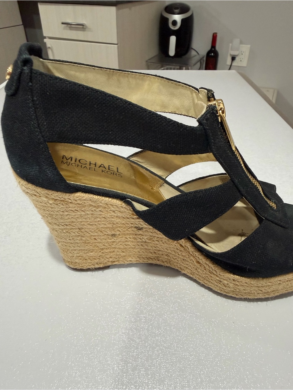 Michael Kors Black Wedge Sandals with Gold Zipper Detail - Picture 5 of 7